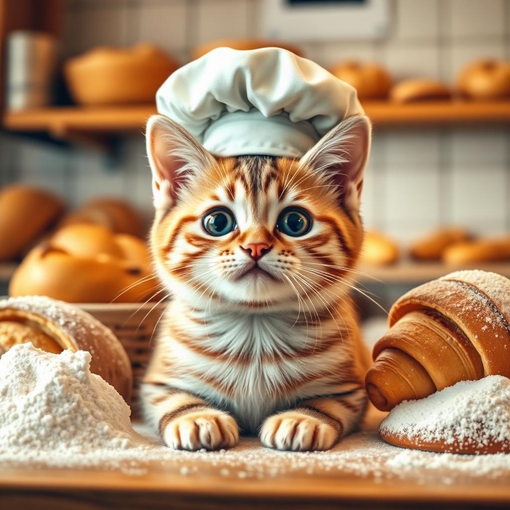 cat wearing a baker hat surrounded by bread