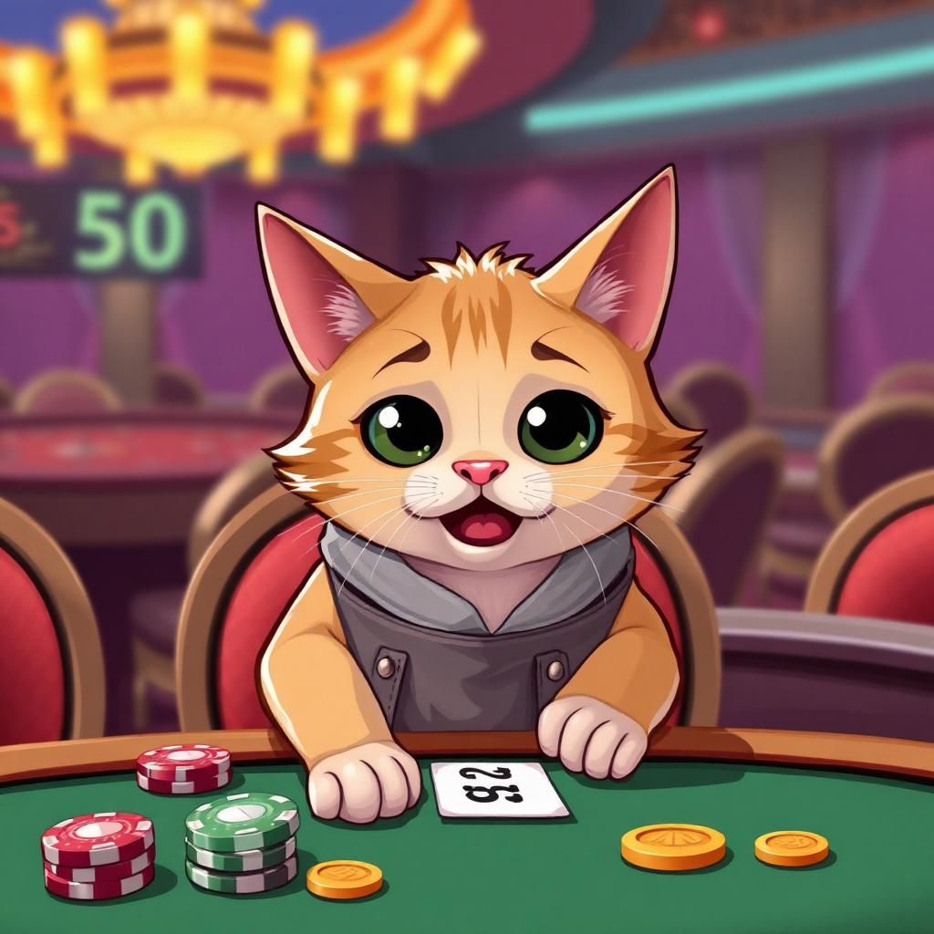 broke cat at a casino table with chips and coins