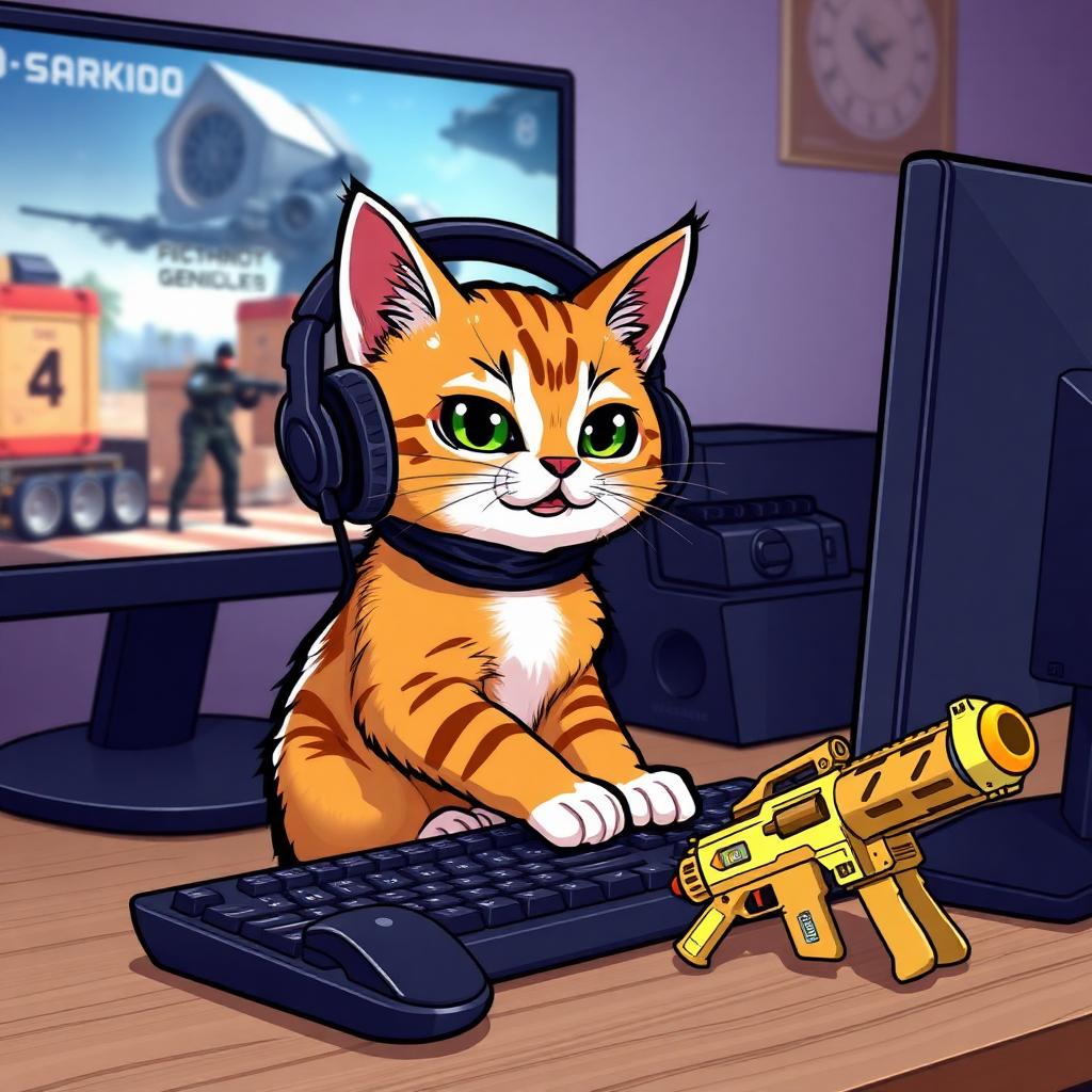 gamer cat playing a tactical shooter at a computer