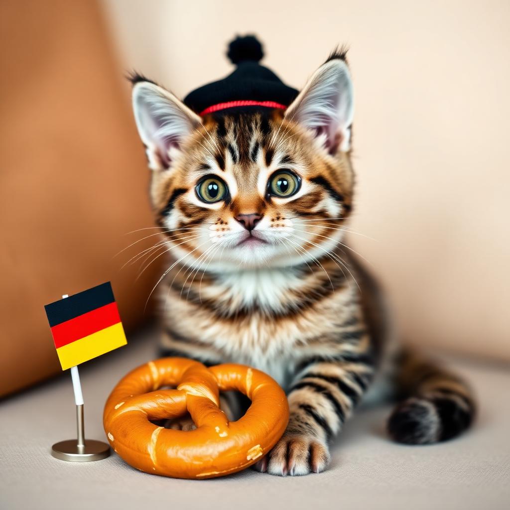 cute cat with a German flag and pretzel